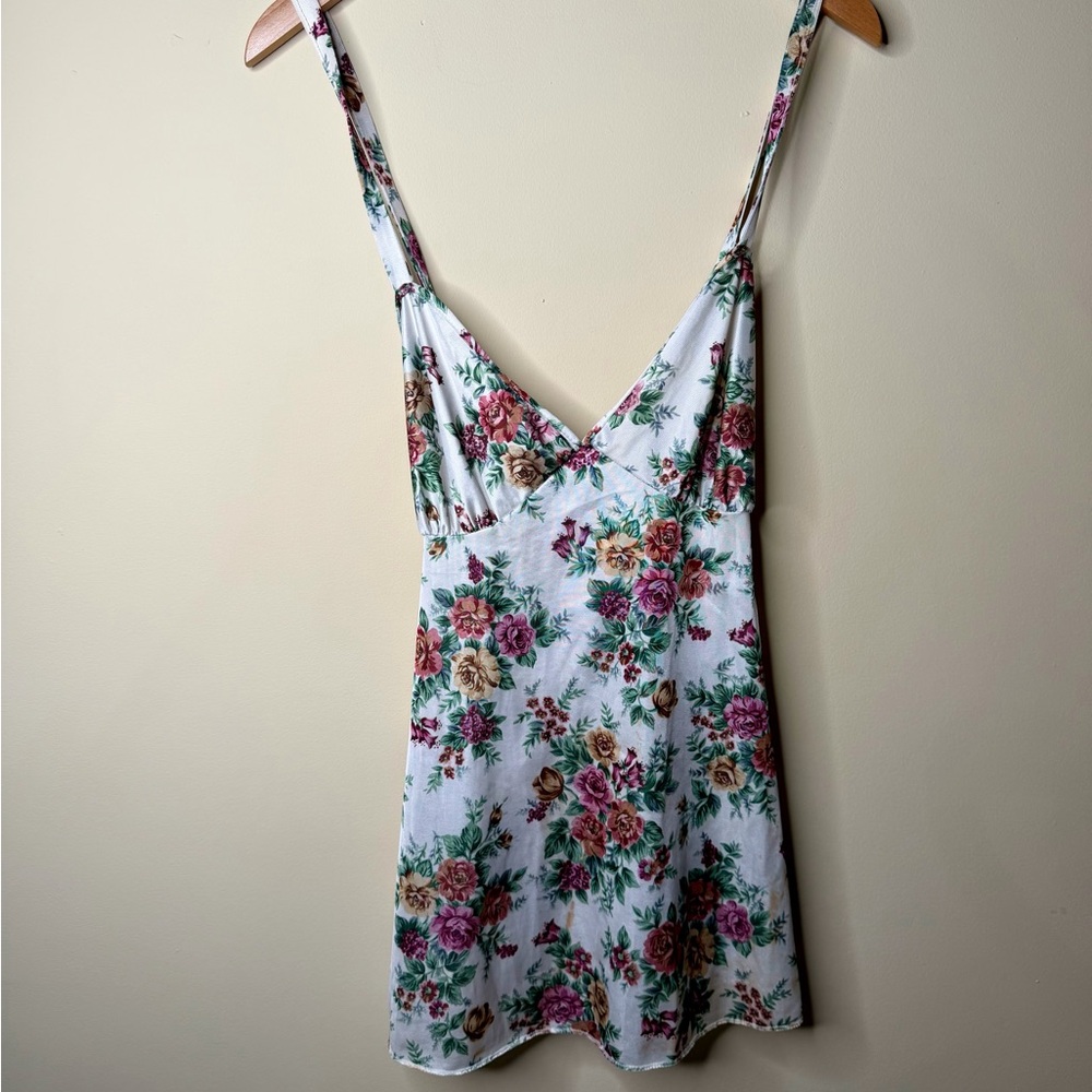 Vintage 60s Floral Satin Slip Top Pink Bows On Sides Cross Straps.Large Coquette